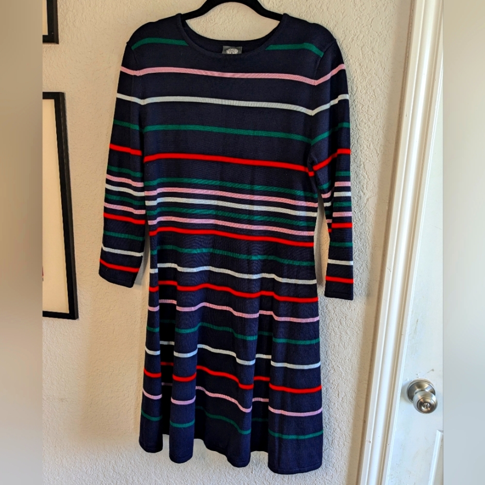Vince Camuto Knit Dress Long Sleeve Knee Length Striped Size L A-Line Round Neck